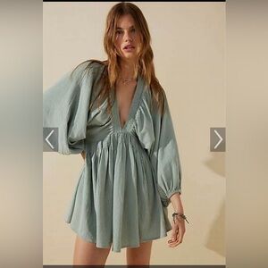 Free People For the Moment Long Sleeve Mini Dress in Soft Blue/green XS
